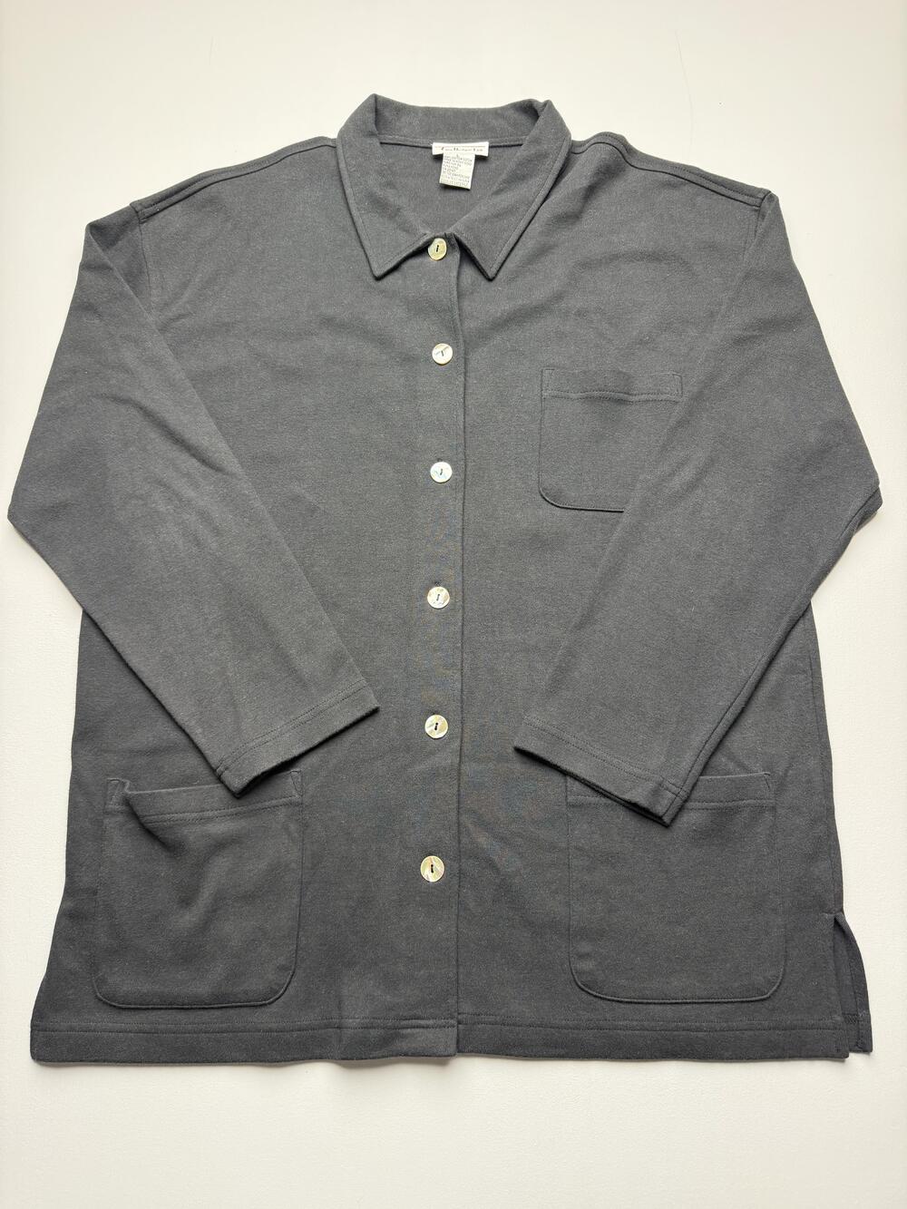 Talbots Jacket Womens Large Gray Cotton Jersey Knit Button Front Pockets Casual